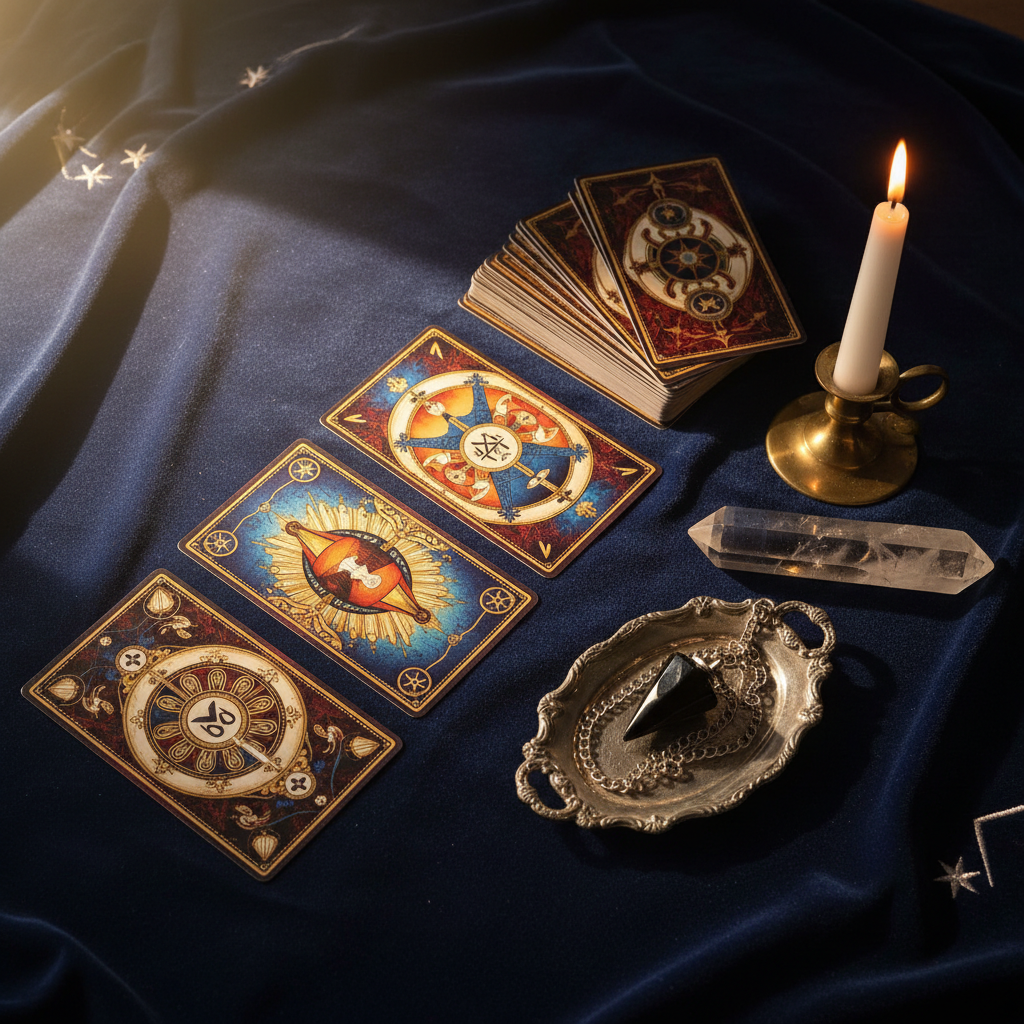A carefully arranged tarot reading in progress on a deep indigo velvet cloth, with three richly illustrated cards turned face up and several more in a precise, fanned-out deck. Beside them sits a finely carved obsidian pendulum on a silver chain, coiled like a serpent. A single tall white candle burns to the side, its flame reflected in a nearby crystal prism. The scene is illuminated by warm, late-evening lamplight from the left, casting elegant shadows and a soft glow on the card edges. Captured from a slightly elevated angle in photographic realism, the mood is contemplative, refined, and perfect for an author-driven article on intuitive guidance.
