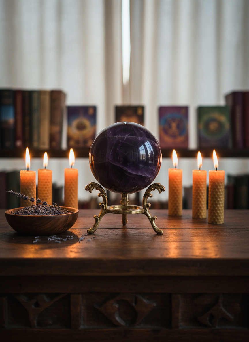 A polished amethyst crystal sphere resting on an antique brass stand atop a dark wooden altar table, surrounded by a semi-circle of lit beeswax candles and a small bowl of dried lavender. Soft, diffused twilight filters through sheer curtains behind, casting gentle reflections in the crystal and warm flickers of candlelight across the table’s grain. The background is slightly blurred, suggesting shelves with neatly arranged spiritual books and oracle decks. Photographed at eye level with a shallow depth of field, the focus is on the luminous sphere, creating a serene, sophisticated atmosphere that evokes quiet clairvoyant insight and communication with spiritual guides.